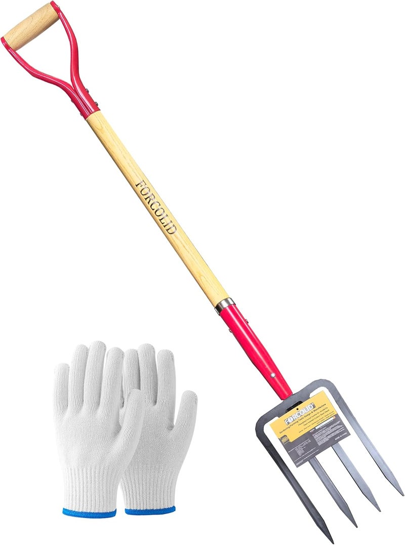 FORCOLID Garden Fork, 4-Tine Spading Digging Fork, Pitch Fork-45Inch, Forged Steel Y-Grip, Wood Handel-Red - Image 1